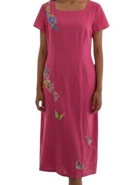 Vtg Donna Morgan Fushia Pink Butterfly Embroidered Linen Square Neck Midi Dress